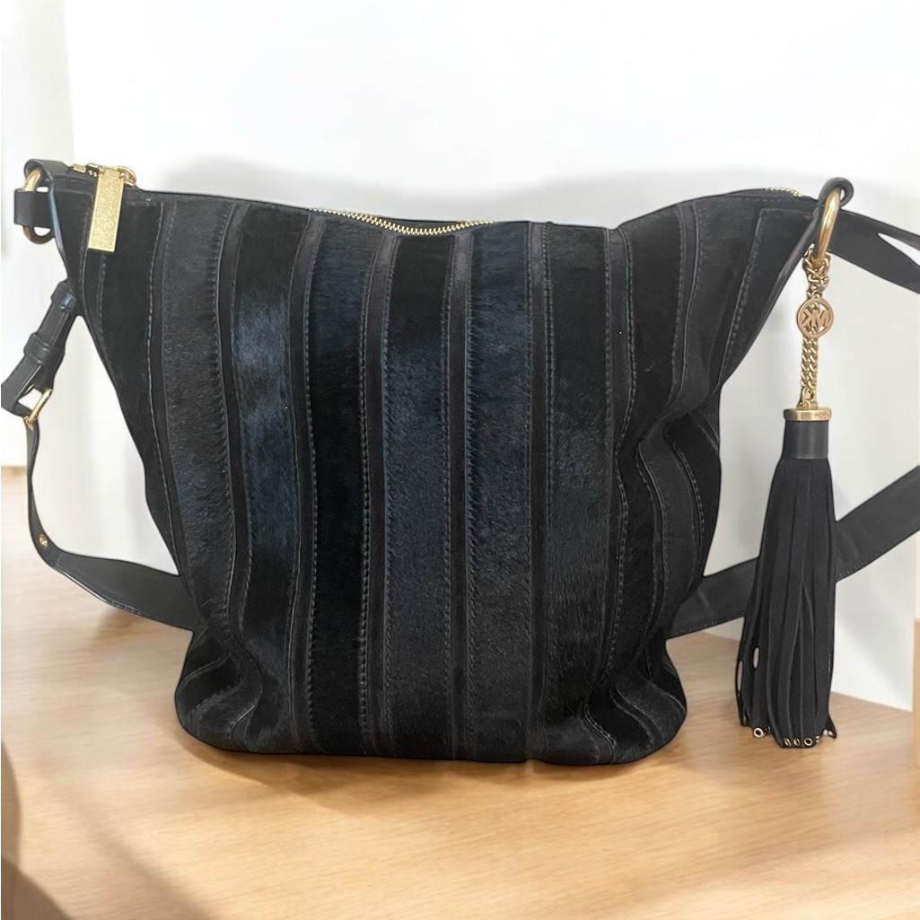 Michael Kors Black Brooklyn Applique Haircalf Feed Bag Purse With Dust Bag